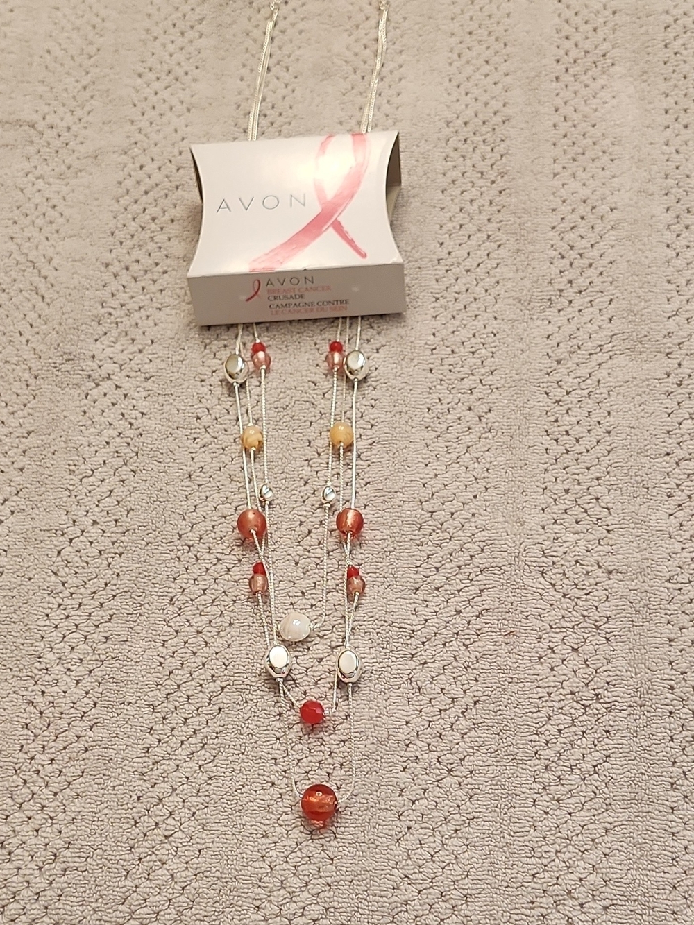 Avon Silver Necklace with Red and Pink Beads Breast Cancer Awareness 0211